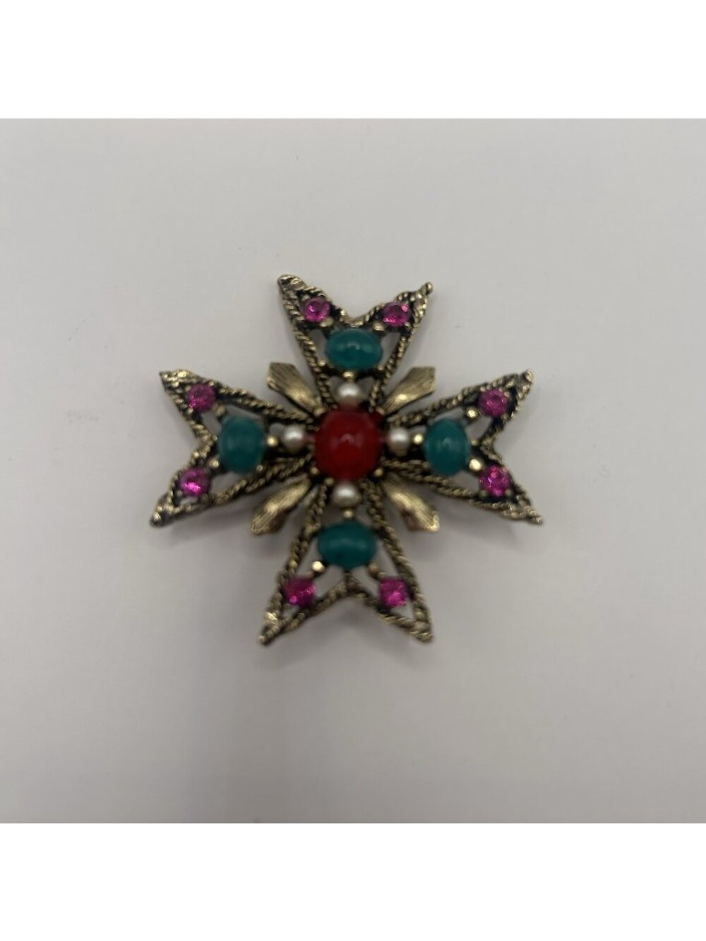 Maltese Cross Brooch Gold tone rhinestones red green pink stones Vintage Pin